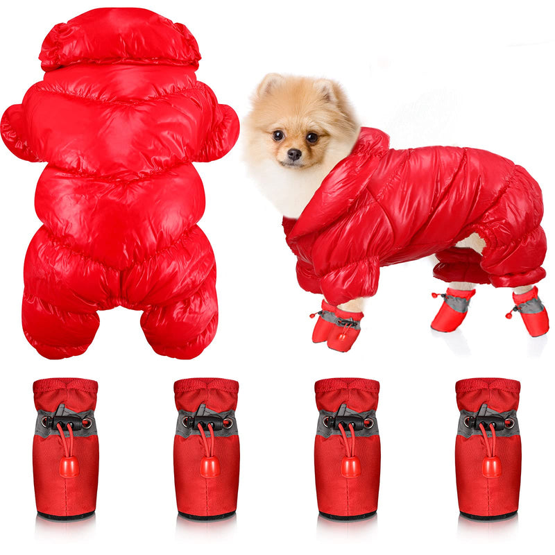 Winter Puppy Warm Coat and Shoes Set Dog Snow Jacket Waterproof Pet Snowsuit Full Body Puffer Jacket Vest Boots Paw Protectors with Reflective Strap for Small Dog Puppy Outdoors Walking