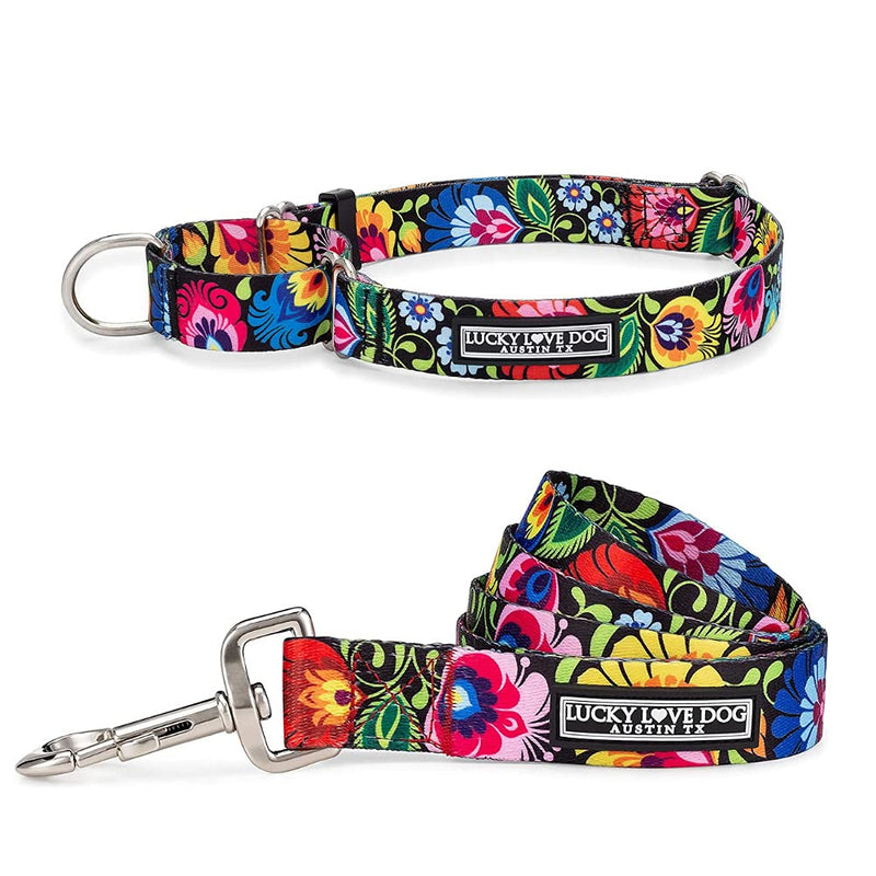 Lucky Love Dog Leash Collar Combo Set, Vivid Floral Girl or Boy Dog Leash Small to Medium Dogs, Blackbird, Small - PawsPlanet Australia