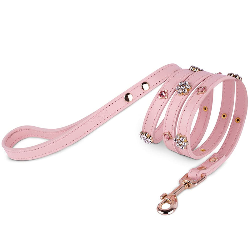 PU Leather Rhinestone Pet Leash - Pink Leather Dog Leash - Soft, Padded & Comfortable for Female Dogs and Cats, Stylish for Walking & Running, Diamond Crystals & Metal Flowers - S 4FT Leash(S)-4ft - PawsPlanet Australia