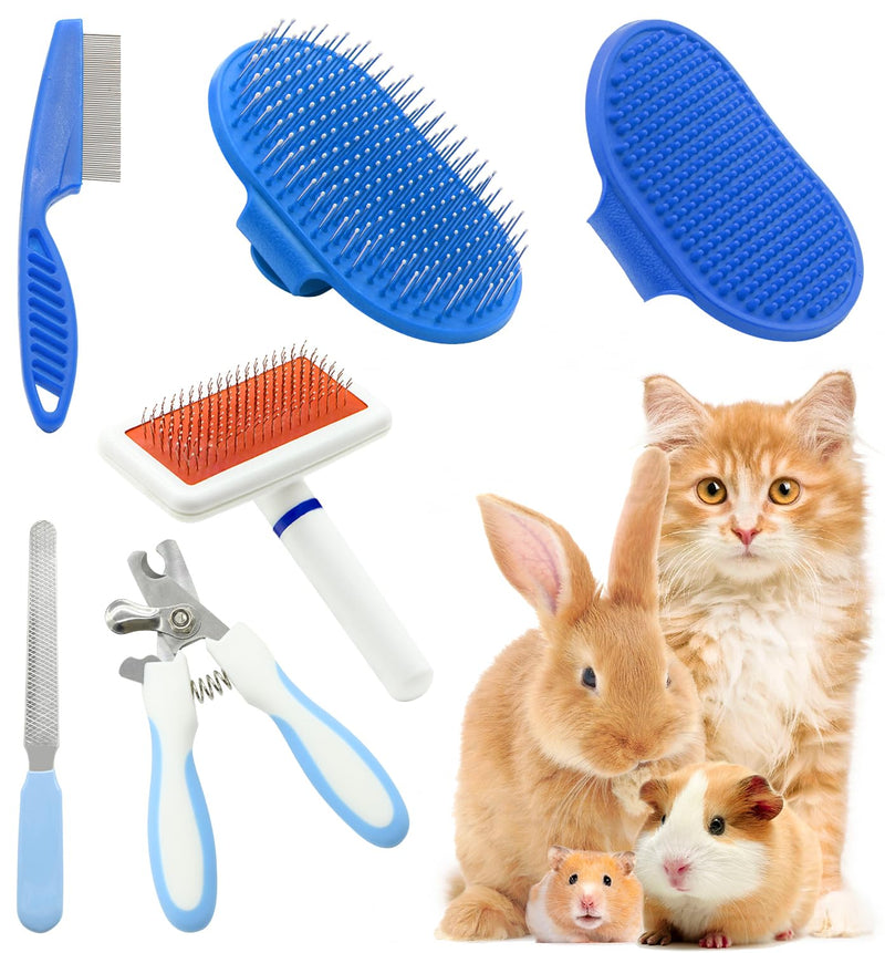 Pet Grooming Kit with Slicker Brush Bath Massage Glove Brush Pet Shedding Comb Nail Clipper Trimmer 6 Piece Set for Rabbit Kitten Guinea Pig Cat Chinchilla Ferret Small Animals Blue - PawsPlanet Australia