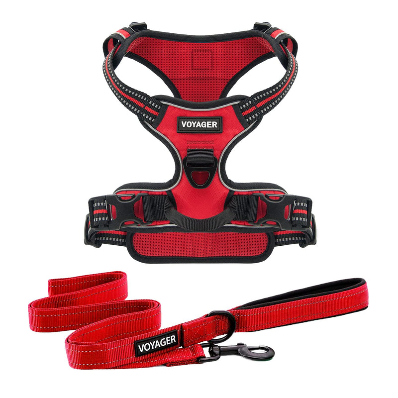 Voyager Dog Harness Dual Leash Attachment No-Pull Control Adjustable Soft but Strong Pet Harness for Medium and Large Dogs with 3M Reflective Technology, Leash Set Red Nylon, L (Chest: 25-30") L (Chest: 25 - 30") - PawsPlanet Australia
