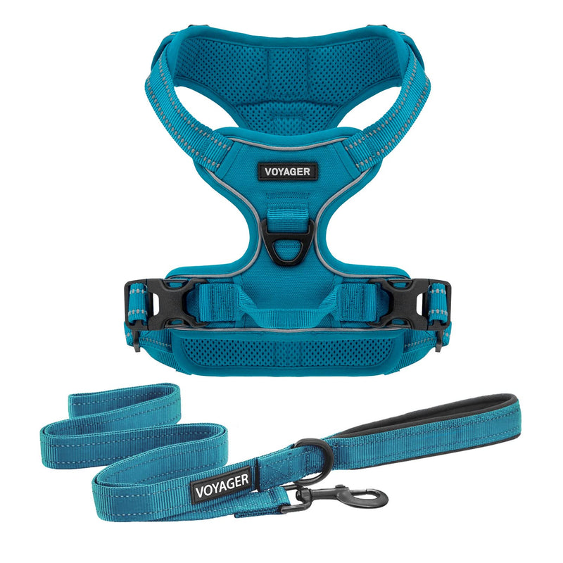 Voyager Dog Harness Dual Leash Attachment No-Pull Control Adjustable Soft but Strong Pet Harness for Medium and Large Dogs with 3M Reflective Technology, Leash Set Turquoise Nylon, S (Chest: 16-20") S (Chest: 16 - 20") - PawsPlanet Australia