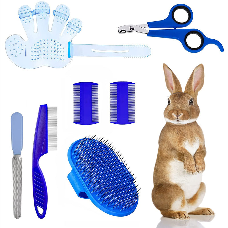 7-Piece Small Pet Grooming Kit with Brush, Nail Clippers, and Adjustable Strap for Rabbits, Hamsters, Guinea Pigs (Blue) Blue