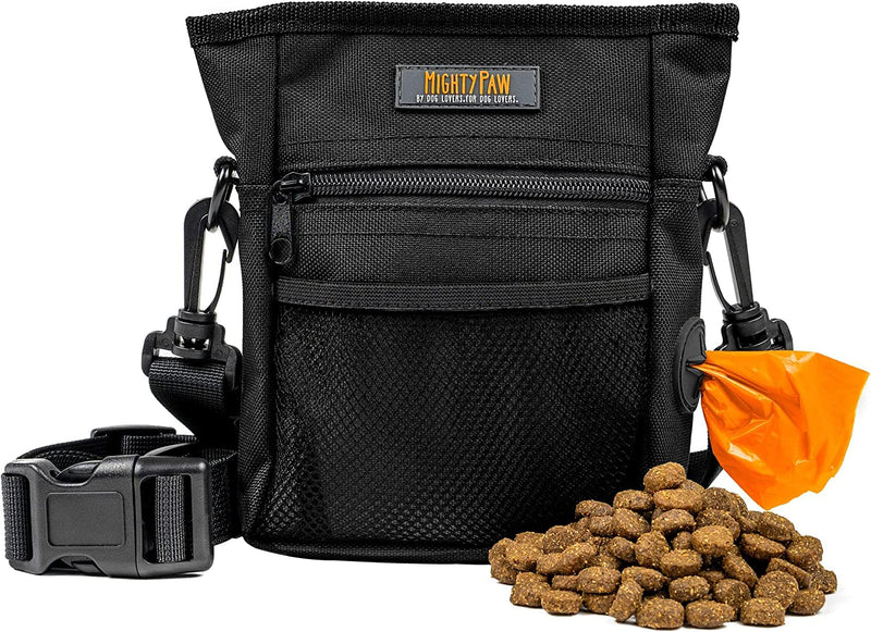 Mighty Paw Dog Treat Pouch | No Spill Magenetic Clasp - Hands-Free Pouches for Training - Pets Training Treat Pouches for Dog Walks - Pet Bags Pouch - Built in Poop Bag Holder - Black Deluxe - Black - PawsPlanet Australia