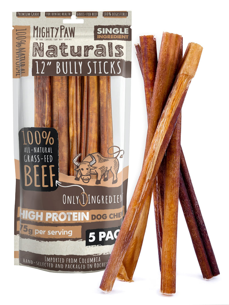 Mighty Paw Long Lasting 12" Bully Sticks for Dogs - All Natural Grass Fed Beef Chews. Lower Odor Dog Bully Sticks for Large Dogs, Medium and Small Breeds. Single Ingredient Treats - PawsPlanet Australia