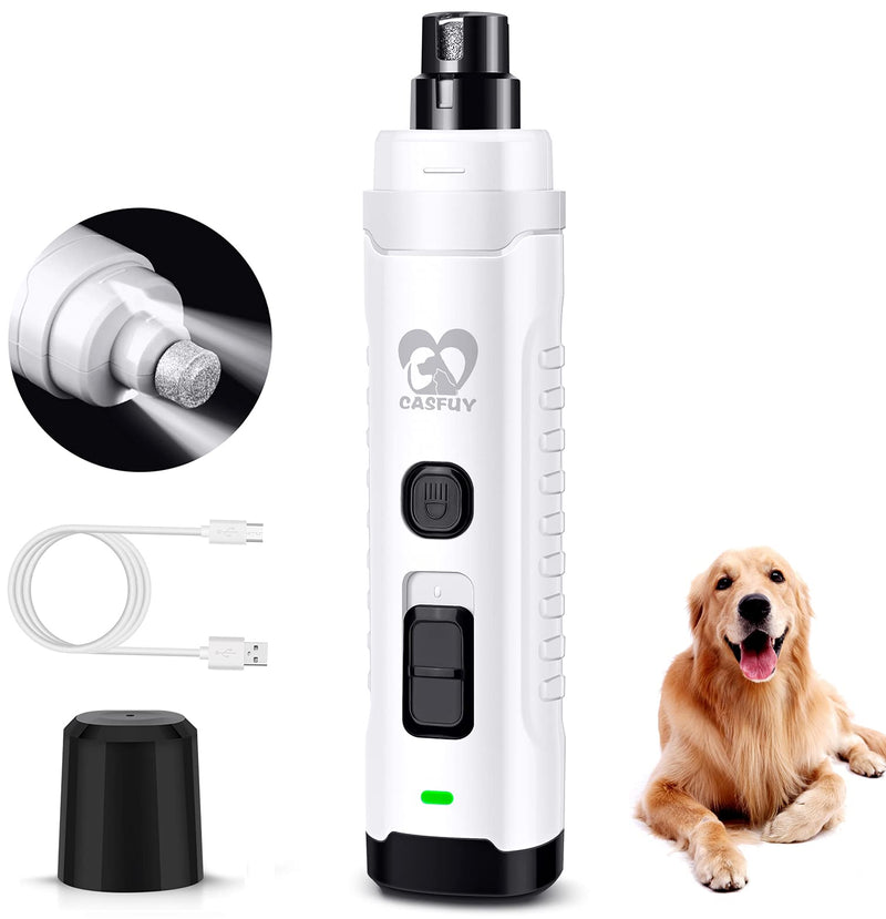 Casfuy Dog Nail Grinder with 2 LED Light for Large Medium Small Dogs - 3X More Powerful 2-Speed Electric Pet Nail Trimmer Rechargeable Quiet Painless Paws Grooming & Smoothing Tool (White) White - PawsPlanet Australia