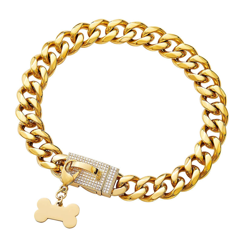 New Gold Dog Chain Collar with Bling Zircon Buckle,19MM Strong Stainless Steel Cuban Link Chain Collar,Dog Necklace Collar for Small Medium,Large Dogs Diamond Gold 22 Inch - PawsPlanet Australia