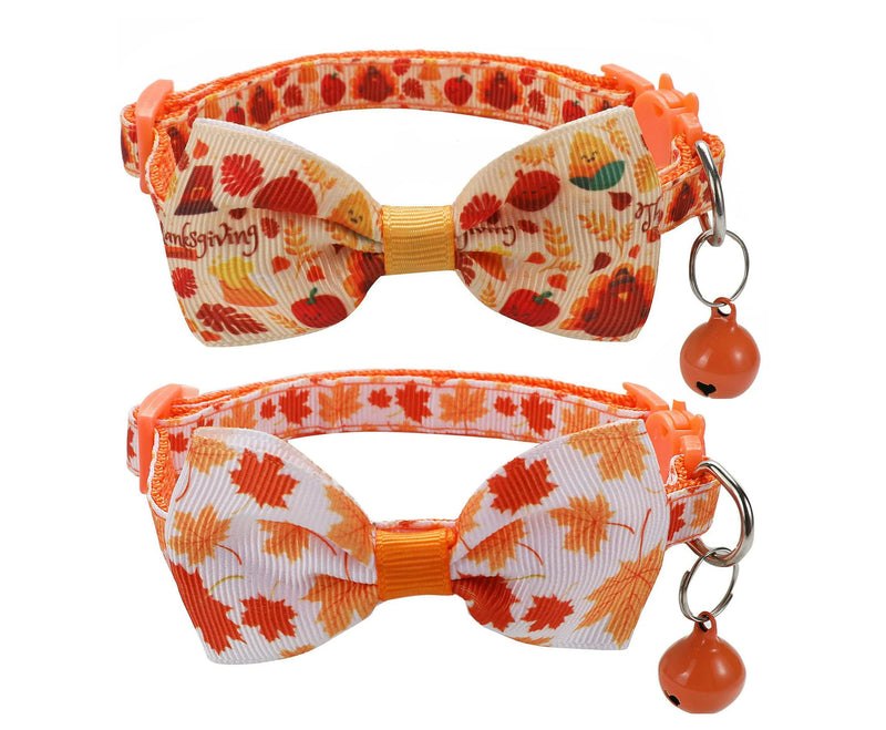 2 Pack Fall Cat Bowtie Collar with Bell, Thanksgivng Holiday Kitty Kitten Collars for Boys Girls Fall Style