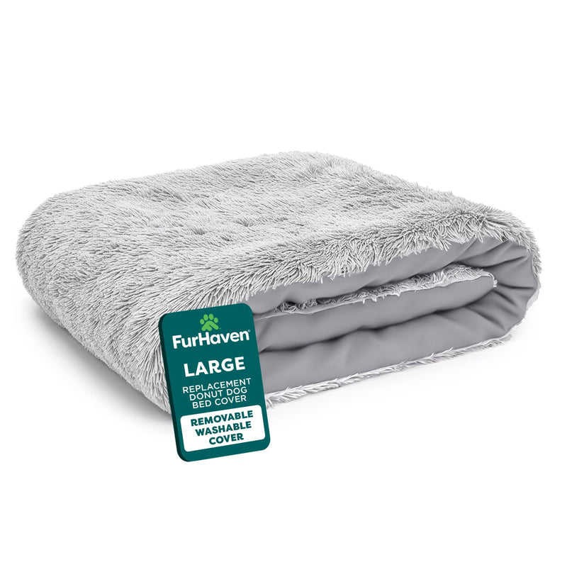 FurHaven Replacement Dog Bed Cover, Long Faux Fur for Calming Cuddlers, Machine Washable, Customizable Filling, Large, Faux Fur, Misty Gray Donut Bed Cover Long Faux Fur (Mist Gray) - PawsPlanet Australia