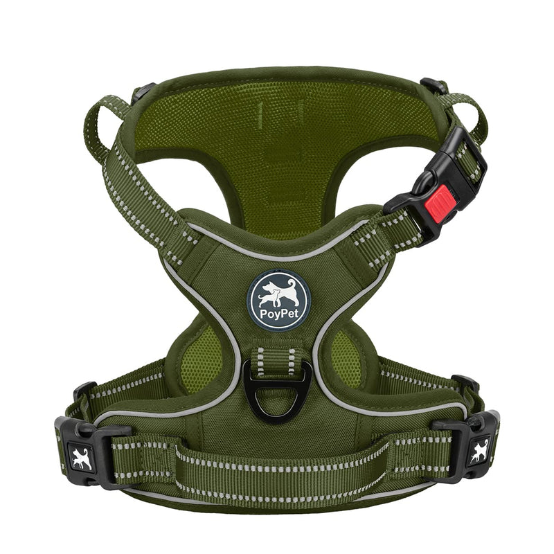 PoyPet No Pull Dog Harness, No Choke Reflective Dog Vest, Adjustable Pet Harnesses with Easy Control Padded Handle for Small Medium Large Dogs(Military Green,M) Military Green