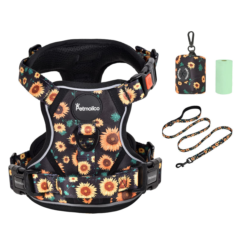 Petmolico No Pull Dog Harness Set with Leash Attachment Easy Control Handle Reflective Harness Vest Small Breed, Puppy Vest and Leash Set with Poop Bag Holder, Large - Sunflower - PawsPlanet Australia