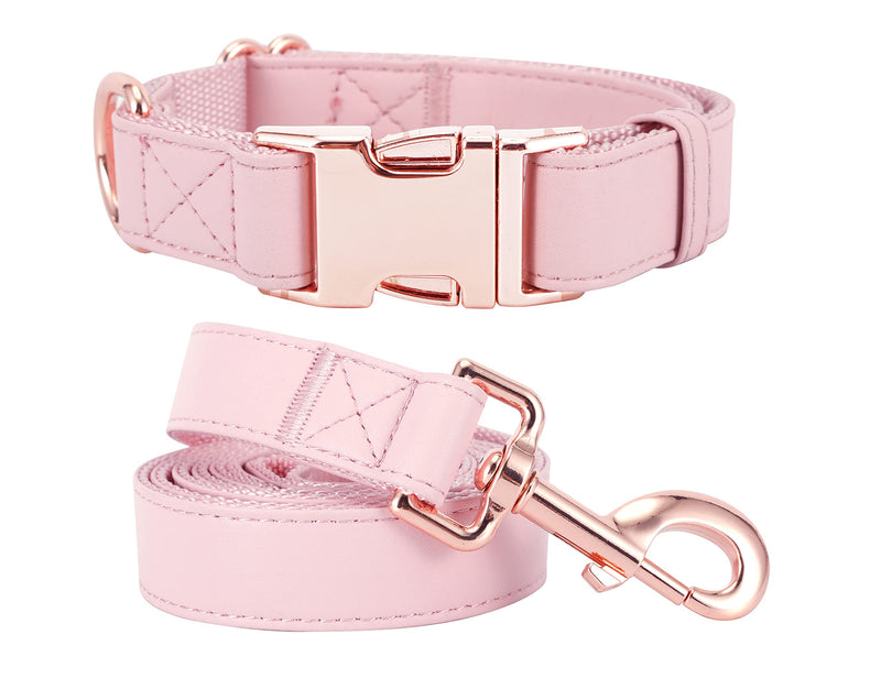 Dog Collar and Leash Set.Soft and Easy to Clean Vegan Leather with Rose Gold Metal Buckle for Small Medium Large Dogs (Pink, L(15.4”-24.8“) Pink L(15.4"-24.8"）