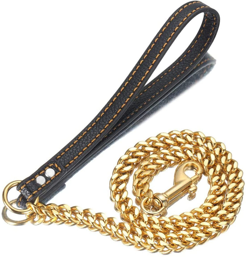 Strong Gold/Silver Dog Chain Leash 3FT 4FT 5FT Stainless Steel 12mm Curb Cuban Link Dog Leash Training Walking with Comfortable Genuine Leather Handle for Large, Medium Small Dogs (Gold, 3FT) 3FT (36inch) - PawsPlanet Australia