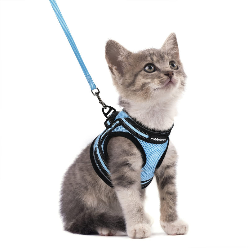 rabbitgoo Cat Harness and Leash Set for Walking Escape Proof, Adjustable Soft Kittens Vest with Reflective Strip for Cats, Comfortable Outdoor Vest, Light Blue, S Small - PawsPlanet Australia