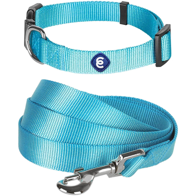 Blueberry Pet Essentials Bundle Set - Small Turquoise Dog Collar + 5 ft x 5/8" Dog Leash - PawsPlanet Australia