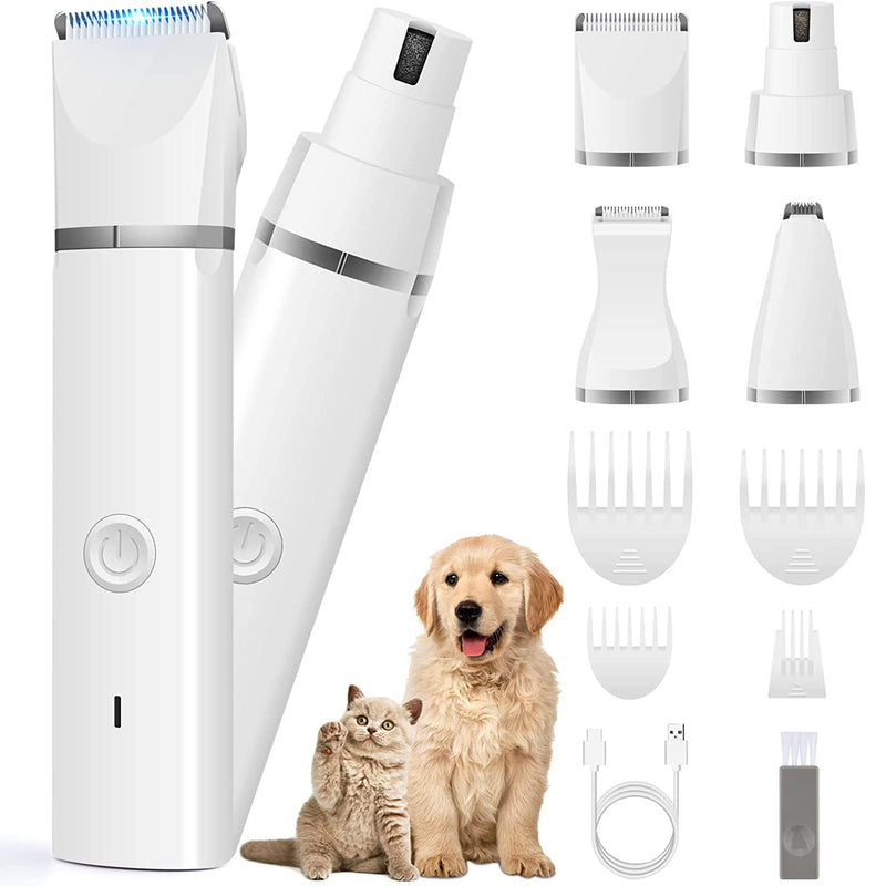Dog Clippers Grooming Kit Hair Clipper-Low Noise Paw Trimmer- Rechargeable - Cordless Quiet Nail Grinder Shaver for Cats and Other Pets White