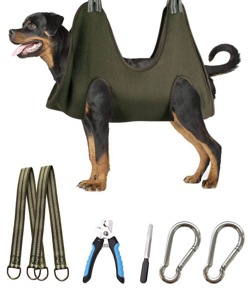 10 in 1 Dog Grooming Hammock Harness with Nail Clippers/Trimmer, Nail Hammock for Trimming, Grooming Sling Hange Holder for Extra Large Dogs (XXL/Under 120lb, Khaki Green) XXL/under 80lb