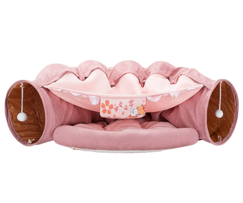 2 in 1 Cat Tunnel Bed Tube with Cushion and Plush Ball Toy Playground Crinkle Collapsible for Large Cats Kittens Kitty Puppy Small Dog Foldable Soft Pet Play Bed Indoor Outdoor- Pink Cat Tunnel Bed - PawsPlanet Australia