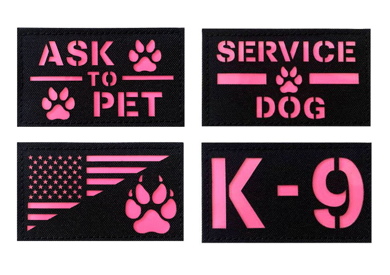 4 Pack Reflective Service Dog Ask to Pet k-9 Tactical Patchs Hook-Fastener Backing (Glow in Dark-Mix-Pink) Glow in Dark-MIX-Pink