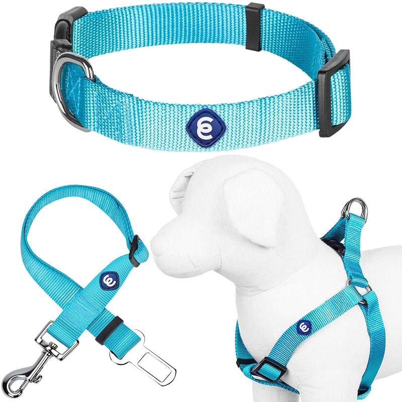 Blueberry Pet Essentials Bundle Set - Small Turquoise Dog Collar + Chest Girth 16.5-21.5" Harness + Seatbelt - PawsPlanet Australia