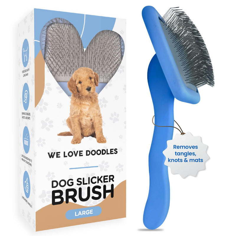 Slicker Brush for Dogs, Dog Grooming Supplies - Best Doodle & Poodle Brush for Haired Dogs - Goldendoodle Pin Detangler for Dematting (Large Curved) Large