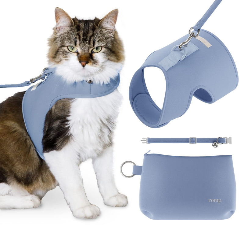 Cat Harness, Collar & Leash Set - Escape Proof Adjustable Choke Free Velcro Harness Vest for Walking Cats & Kittens (Cotton Blue, Medium) Cotton Blue - PawsPlanet Australia