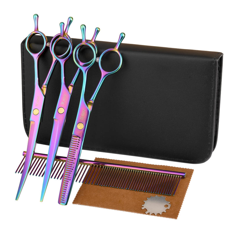 Dog Scissors for Grooming with Safety Blunt Tip, Dog Grooming Scissors Set for Pets, Professional 7 in 1 Grooming Scissors for Dogs and Cats - 6CR Coated Steel (Rainbow) Rainbow - PawsPlanet Australia