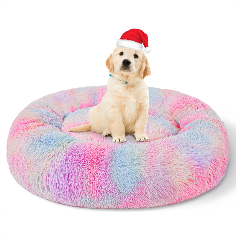 Patas Lague Calming Dog Bed for Medium Dogs, Fluffy Soft Cozy Cat Bed, Faux Fur Anti-Anxiety Plush Washable Pet Donut Cuddler for All Seasons 24IN, Mixed Rainbow M:24x24INCH - PawsPlanet Australia