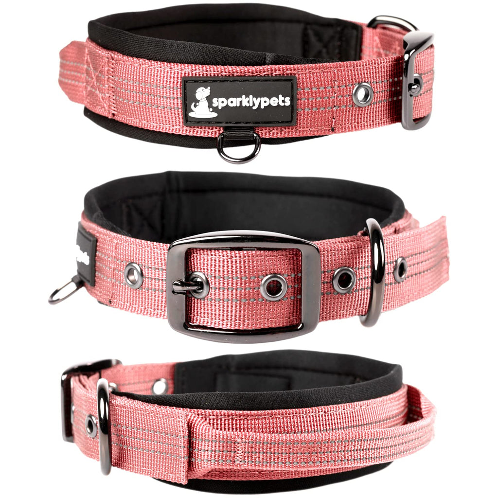 SparklyPets Heavy Duty Dog Collar with Handle for Medium and Large Dogs – Professional Collar with Reflective Stitches, Soft Handle & Nickel-Plated Buckle Medium (14,5"~18,5") Pink