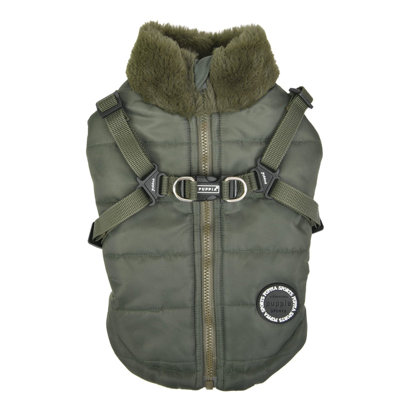 Puppia Donavan Winter Dog Coat with Integrated Harness No Pull Cold Weather Waterproof Warm Fleece Back Zipper for Small & Medium Dog, Khaki, Small - PawsPlanet Australia