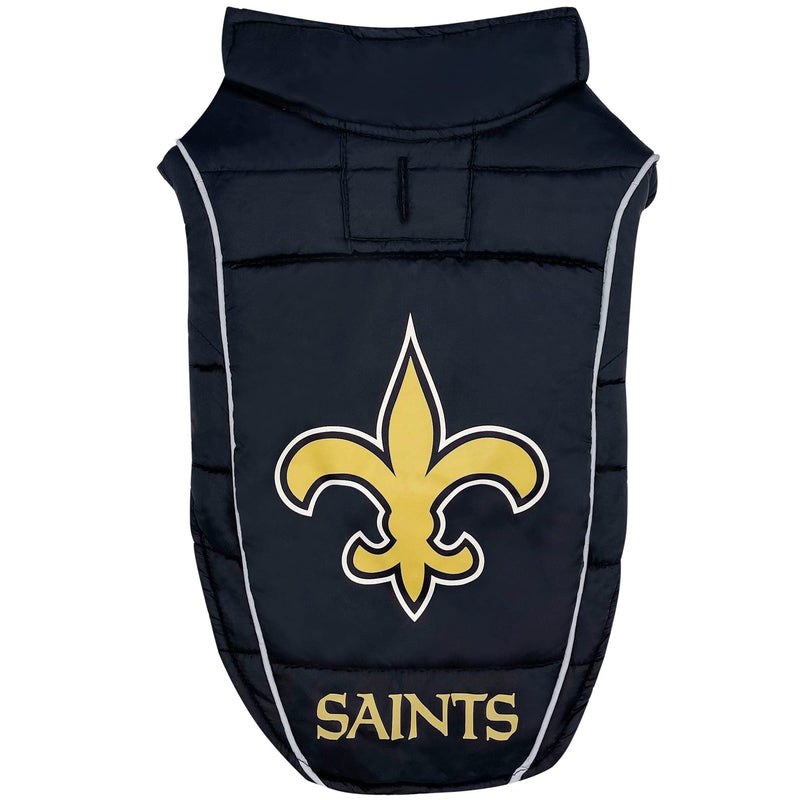 NFL New Orleans Saints Puffer Vest for Dogs & Cats, Size Medium. Warm, Cozy, and Waterproof Dog Coat, for Small and Large Dogs/Cats. Best NFL Licensed PET Warming Sports Jacket
