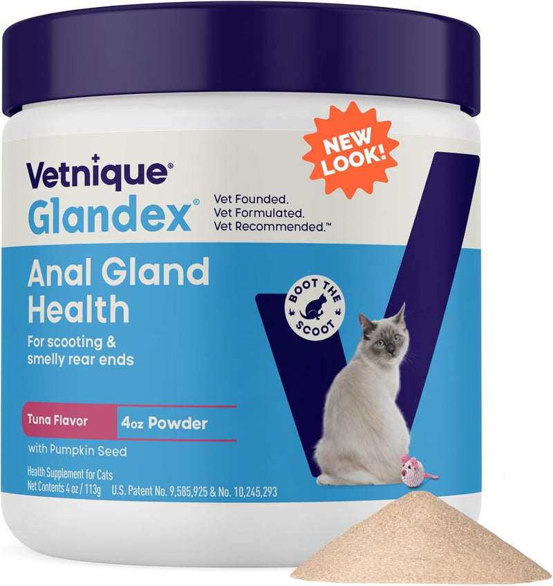 Glandex Feline Anal Gland Fiber Supplement Powder for Cats with Digestive Enzyme, Probiotics and Pumpkin, Vet Recommended for Healthy Bowels - Tuna Flavored 4.0 oz, Scoop Included - PawsPlanet Australia