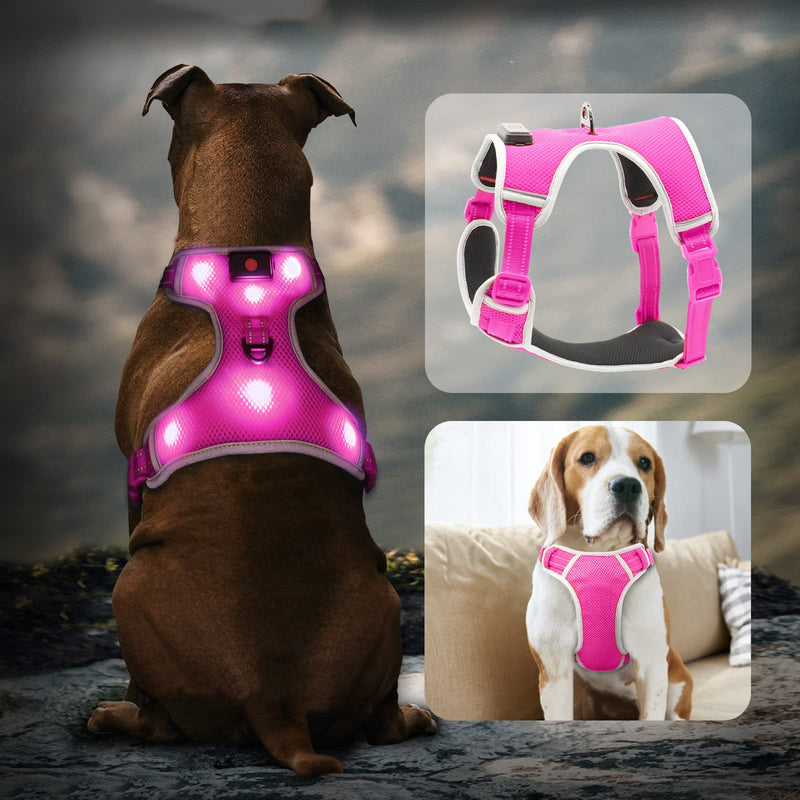 Glow in The Dark Dog Harness USB Rechargeable(Pink, L) Pink L: Chest Girth: 28-35.50"丨Neck: 22-31.5" - PawsPlanet Australia