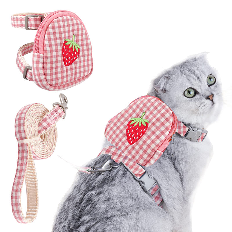 Pet Backpack Harness with Leash, 3 PCS Pet Strawberry Pattern Embroidery Soft Mesh Vest and Leash with Backpack Removable Harness and Leash with 360°Rotating Hook for Puppy Cats, Pink - PawsPlanet Australia