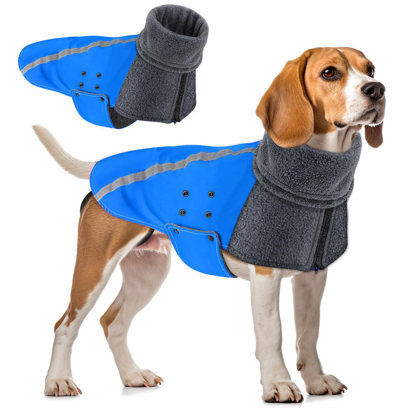 SlowTon Winter Dog Coat, Warm Polar Fleece Lining Doggie Outdoor Jacket with Turtleneck Scarf Reflective Stripe Adjustable Waterproof Windproof Puppy Vest Soft Pet Outfits (M+,Blue) E.Blue Medium + (Chest 24.5"-28.0") - PawsPlanet Australia