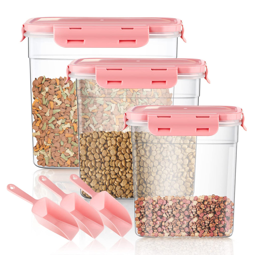 3 Pieces Airtight Pet Food Storage Containers with Spoon, Plastic Containers, Animal Food Containers, Dry Food Containers for Dog Food Cat Fish Bird Seed, 1.27 QT, 2.4 QT, 4 QT (Pink) Pink