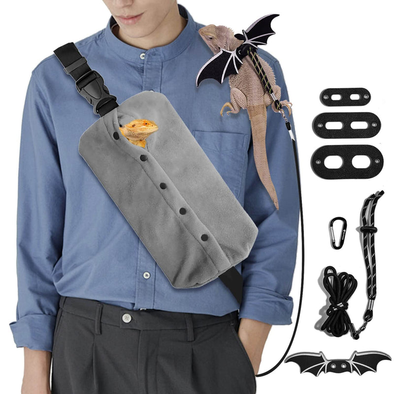 Adjustable Lizard Leash Bearded Dragon Harness Leather Cool Wings Training Leashes Reptile Carrier Bearded Dragon Sling Carrier (Black, Leash + Grey Sling) Leash + Grey Sling (Gift) Black - PawsPlanet Australia