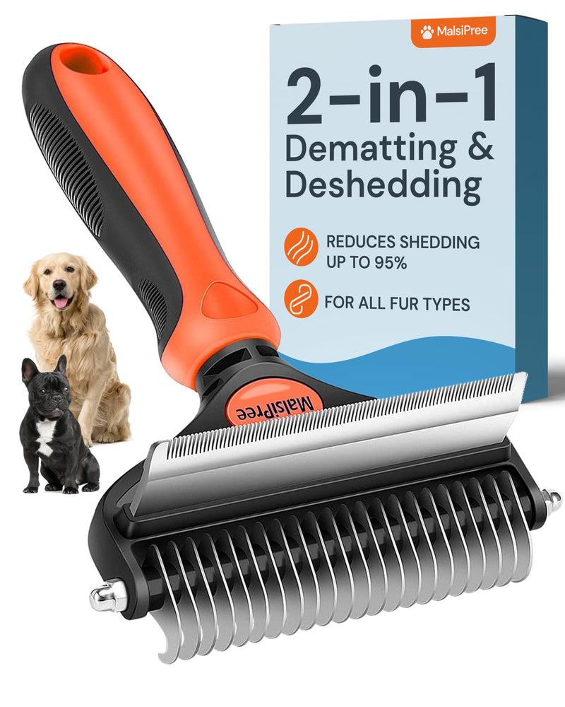 MalsiPree Dog Grooming Brush - 2 in 1 Deshedding Tool & Undercoat Rake for Long & Short-Haired Pets - Dematting Comb & Hair Deshedder Supplies (Large, Orange) for Shedding - PawsPlanet Australia