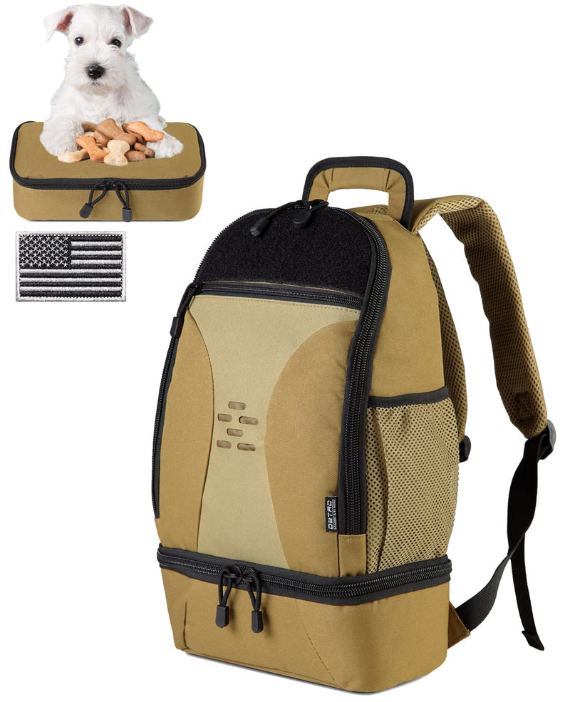 DBTAC DO MORE & BE MORE Tactical Pet Backpack for Small Dogs & Cats - Compact Travel Bag with Insulated Pocket, Detachable Food Container | Outdoor Hiking, Road Trip, Airplane Approved, Tan 10.5"L x 5.5"W x 15.5"H - PawsPlanet Australia