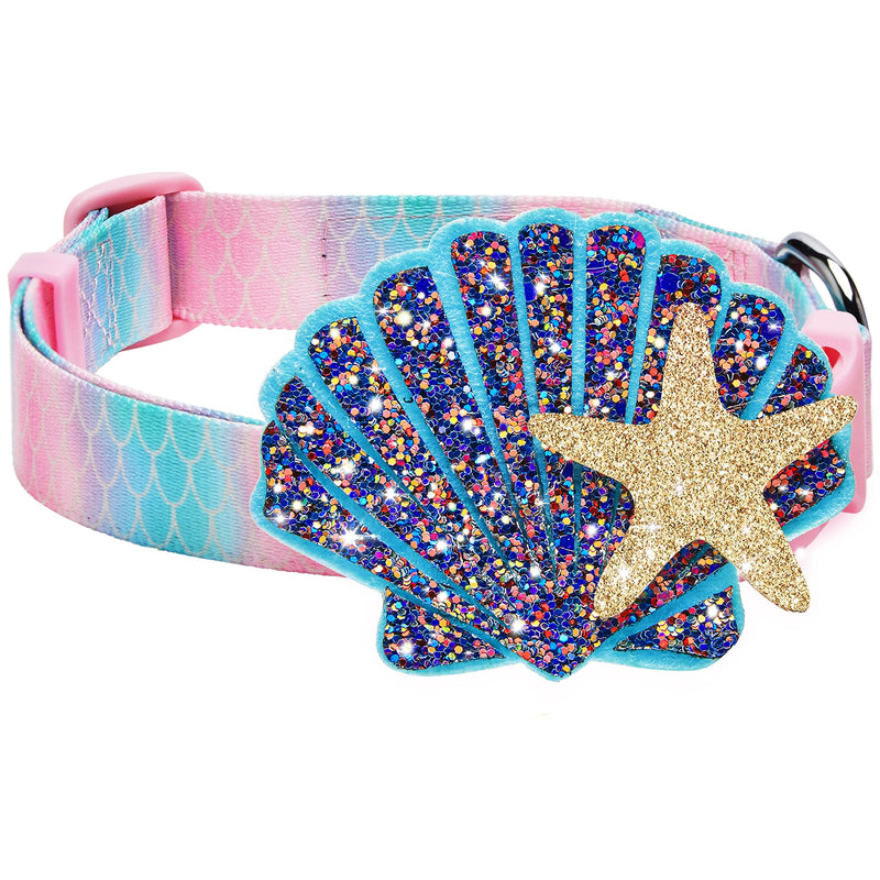 Blueberry Pet Summer Sparkle Dog Collar, Adjustable Small Size, Neck 12"-16", Pink and Blue, Ocean Mermaid Scales Print Nautical Pet Collar with Detachable Seashells Accessory - PawsPlanet Australia
