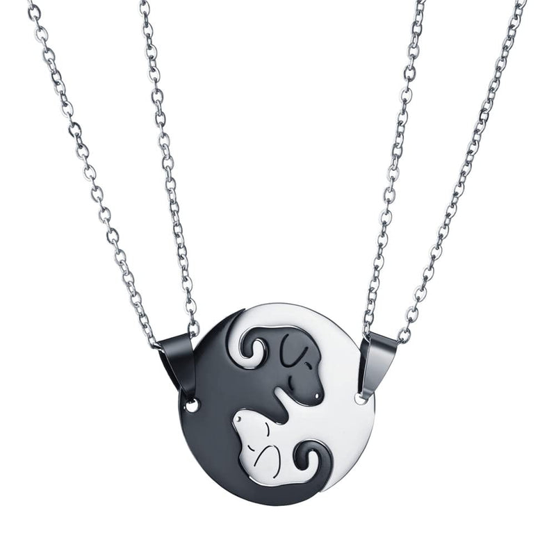 Dog Puppy Pendant Necklace Matching Animal Pet Yin Yang Puzzle Necklace for Women Men Long Distance Love Couple Friendship Necklace Jewelry 2Pcs Set 01 Dog Circle Silver Black - PawsPlanet Australia