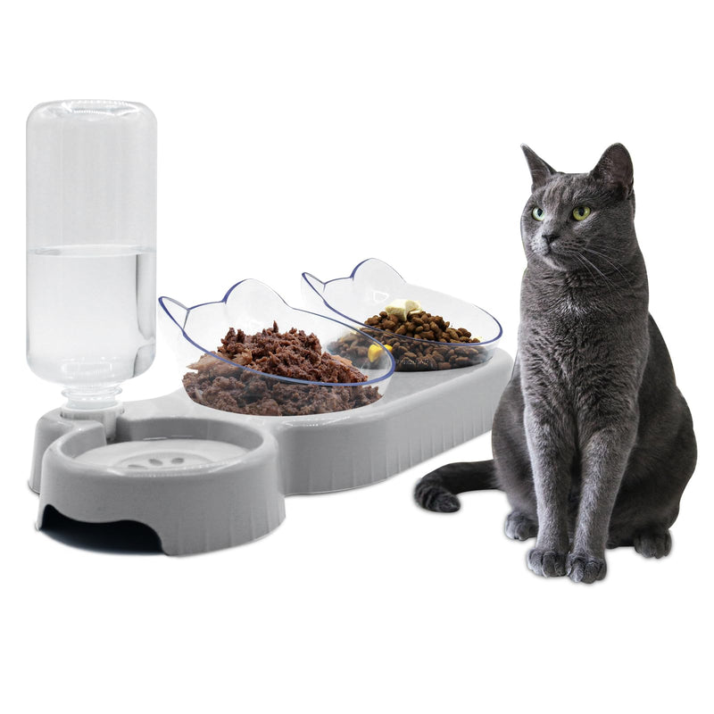 Triple Cat Bowls,15°Tilt 3-in-1 Water Feeder Bowls Cat Double Food Bowls with Automatic Water Bottle Bowl, Whisker Friendly Wet and Dry Cat Elevated Feeding Dishes for Small Cat and Puppy (Lead White) Lead White - PawsPlanet Australia