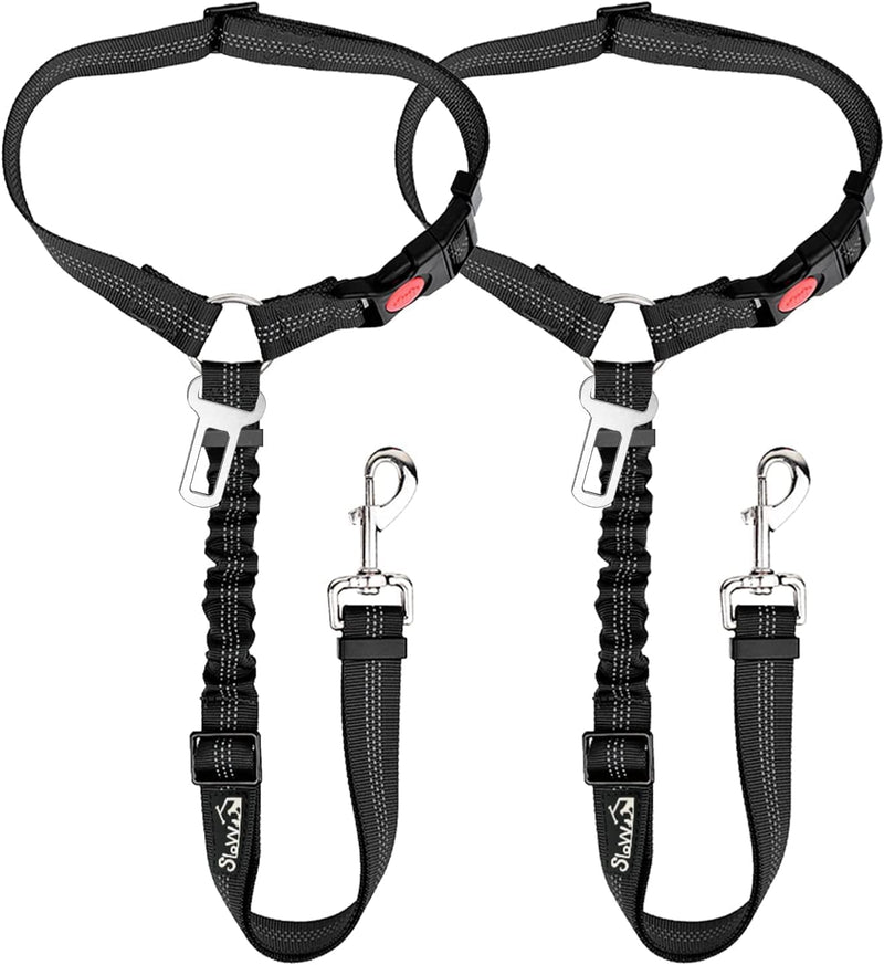 SlowTon Dog Seat Belt for Car, 2 Pack Dog Car Harness Seatbelt Adjustable with Elastic Bungee Buffer, 2 in 1 Pet Car Leash Headrest Restraint Dog Reflective Safety Tether (Black, Headrest+Clip) A.Black Headrest + Clip (Dual Restraint) - PawsPlanet Australia