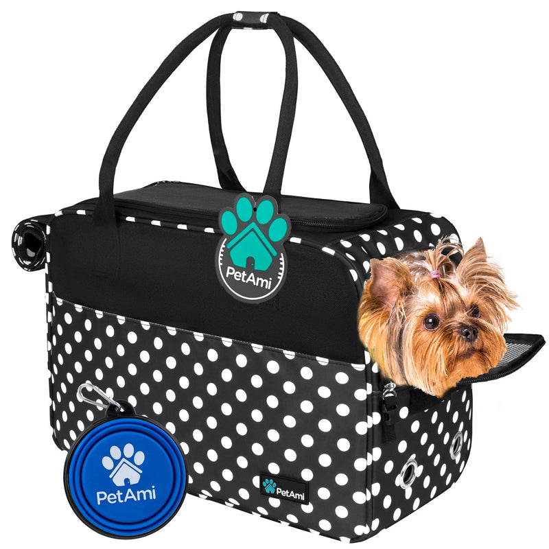 PetAmi Dog Purse Carrier for Small Dogs, Airline Approved Soft Sided Pet Carrier with Pockets, Ventilated Dog Carrying Bag for Puppy Cat, Dog Travel Supplies Bag, Sherpa Bed, Max 12 lbs, Polka Dot One Size (Pack of 1) Polka Dot Black - PawsPlanet Australia
