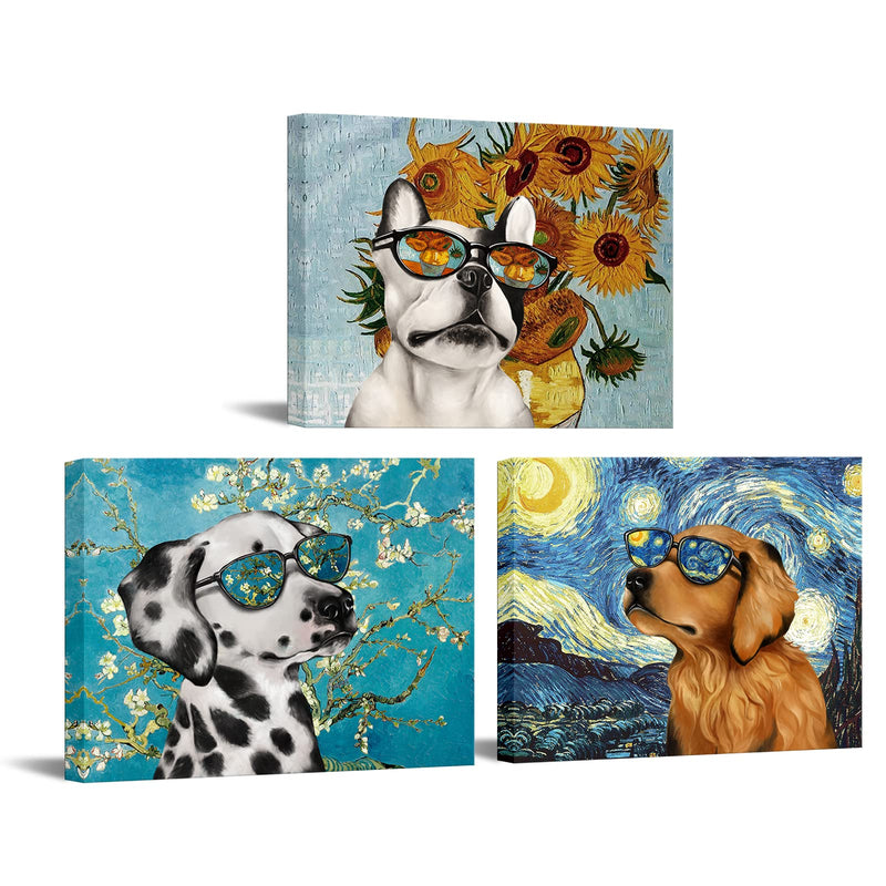 Visual Art Decor Creative Dog Picture for Wall Decor Van Gogh Starry Night Sunflower Sunflower Painting Prints in Dog's Sunglasses Bulldog Dalmatian Golden Retriever Poster for Living Room Pet Club