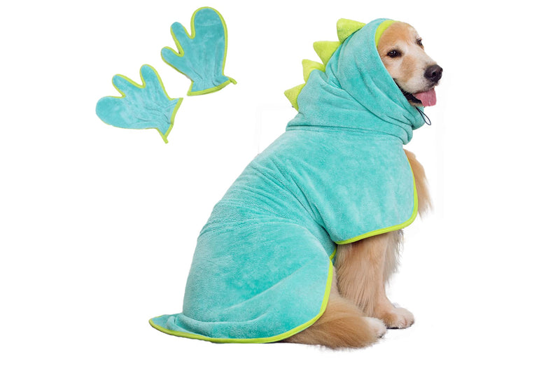 Pawyee Super Soft Fast-Drying Dog Towel Set for Cold Weather, Beach, Pool - Adjustable Microfiber Bath Robe with Drying Gloves for Cats and Dogs (L, Blue Dino) Large