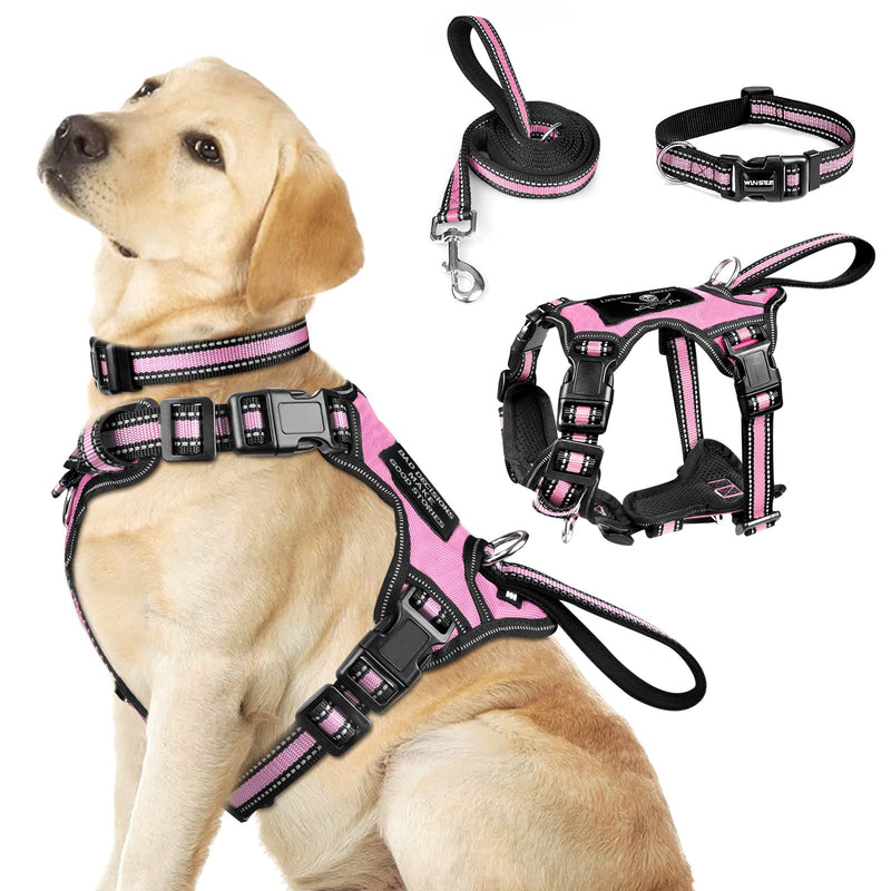 WINSEE Pet Harness Collar and Leash Set, All-in-one Reflective Dog Harness No Pull with Adjustable Buckles for Puppies, Small, Medium, Large, and Extra-Large Dogs (Large, Pink) - PawsPlanet Australia