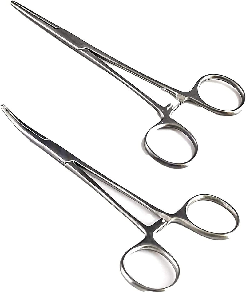 Pets ears/nose hair Puller Straight & Curved 5" full serrated, stainless steel Home Hemostat Locking Forceps, Professional pet grooming tool for cats & dogs 2pcs set - PawsPlanet Australia