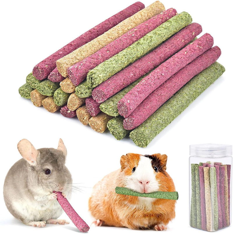 ERKOON 25 Pcs Timothy Hay Sticks,Rabbit Chew Toys for Teeth Natural Molar Sticks Rabbits Treats for Bunnies, Chinchilla Guinea Pigs, Gerbil, Hamster (25, Timothy+Oatmeal+Beet) - PawsPlanet Australia