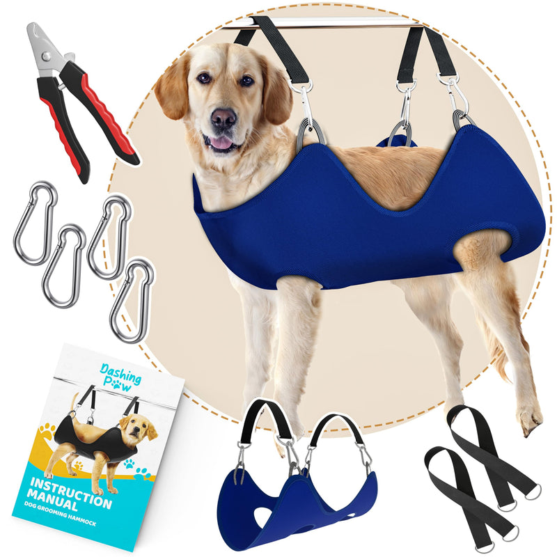 Dog Grooming Hammock – Sturdy & Safe Dog Hammock for Grooming with Durable Carabiner Clips & Straps – Soft, Comforting Dog Grooming Harness – Pet Grooming Hammock + Nail Trimmer for Large Dogs Large - Up to 65 Pound Blue - PawsPlanet Australia